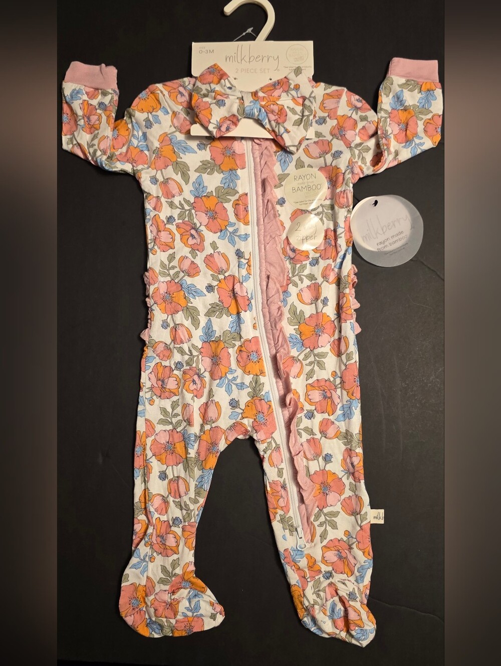 Milkberry Floral Ruffle Zipper Footie - Pink Floral on Cream 0-3m